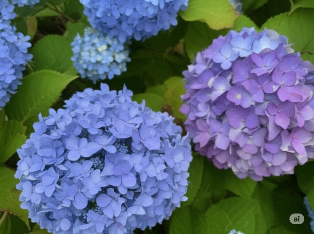 青色と紫色の美しいアジサイの花が緑の葉の中に咲いている様子